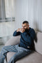 Men Winter Pajama Set Dark Blue T-shirt +Gray x Petroleum Checkered pants